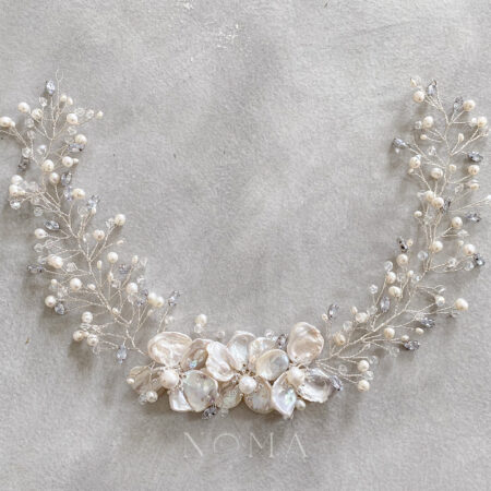 Flowery Pearl Extra Long Hairvine - White Silver