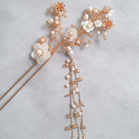 Gold and White Blossom Hairpin - Gold