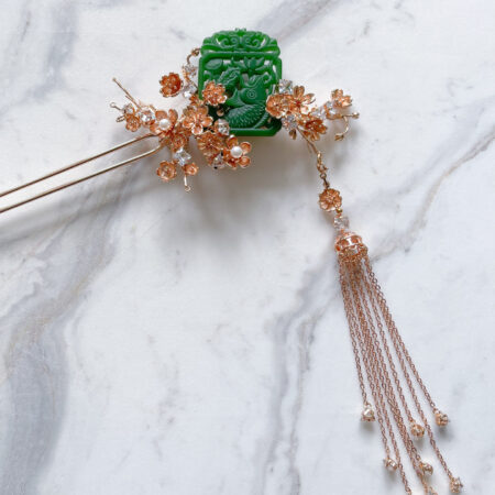 Koi Carved Jade Floral Hairpin - Gold