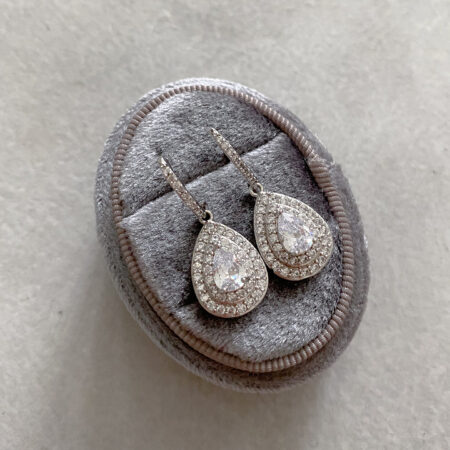 Hook Pear Double Halo Earrings - Rhodium White Gold