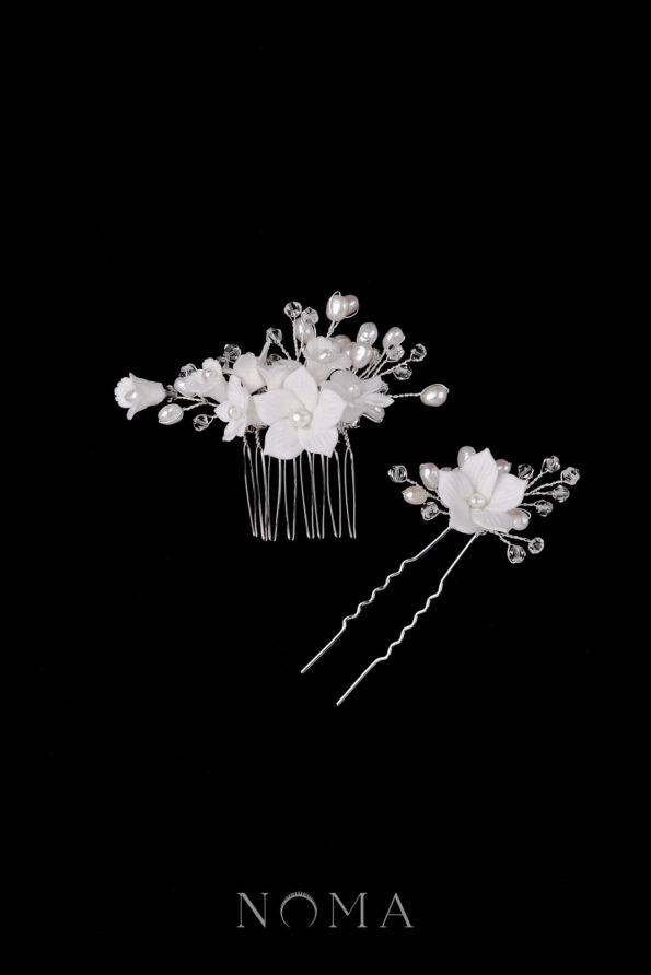 ACC-202200093-Clay-Flower-Lily-Pearl-Small-Haircomb-and-Hairpin-Set-White-Silver-2-pcs