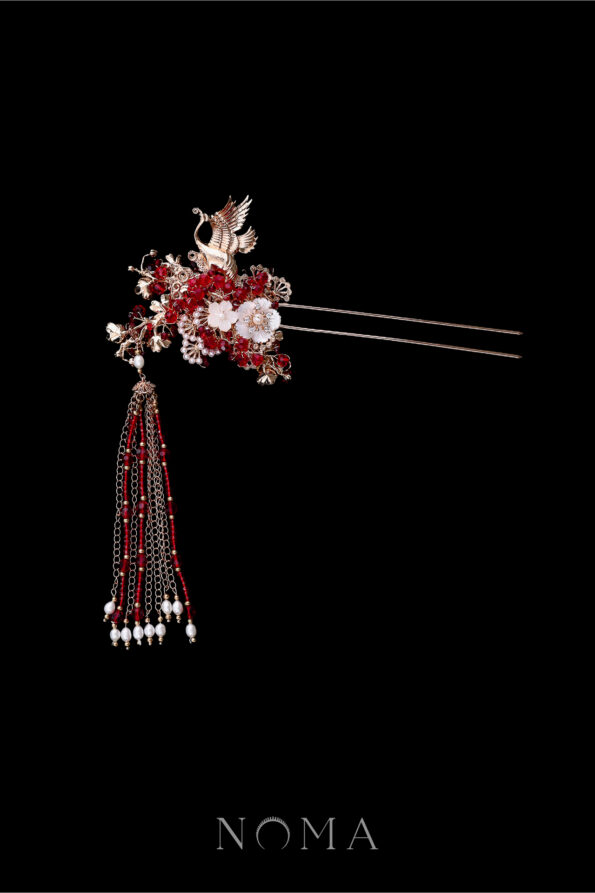 CHN-202200160-Flying-Crane-Beautiful-Blossom-Hairpin-Gold-Red-1