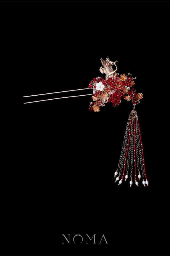 CHN-202200160-Flying-Crane-Beautiful-Blossom-Hairpin-Gold-Red