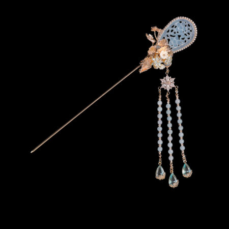 Jade Ginkgo Hairpin - Gold, Blue (Left)