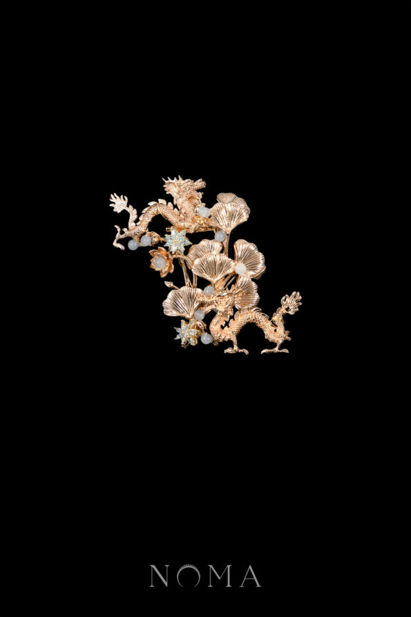 CHN-202300102-Twin-Dragon-Ginkgo-Bush-Brooch-Gold-Turquoise