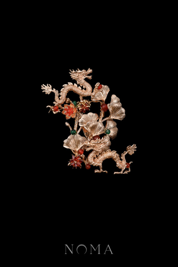 CHN-202300104-Twin-Dragon-Ginkgo-Bush-Brooch-Gold-Ruby