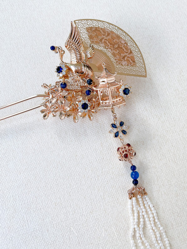 CHN-202200022-Flying-Crane-Bouquet-Hairpin-Gold-Sapphire-Left-2