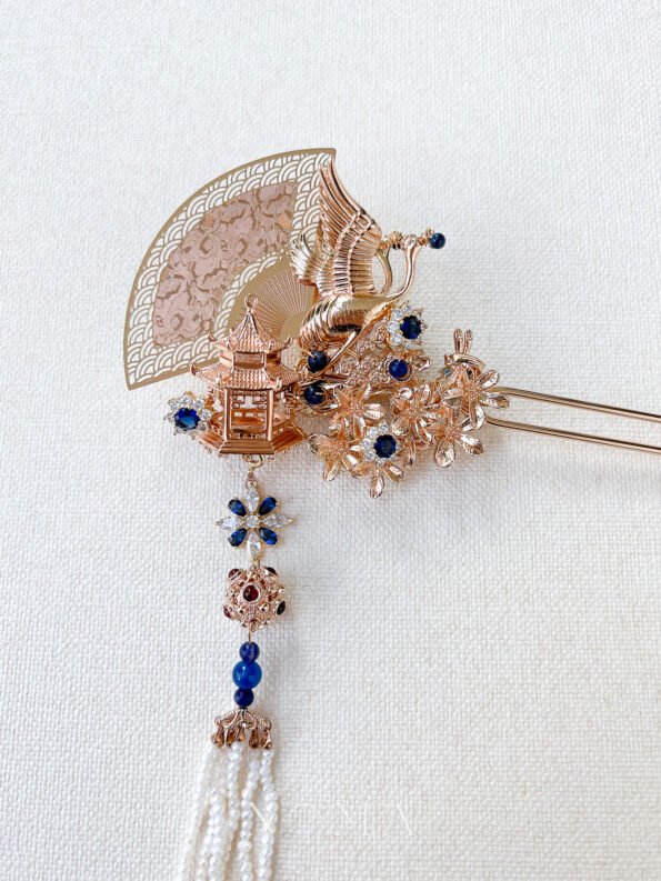 CHN-202200023-Flying-Crane-Bouquet-Hairpin-Gold-Sapphire-Right-2