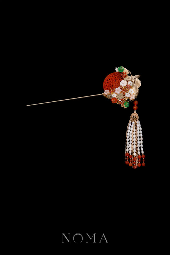 CHN-202400075-Carved-Jade-Crane-Ginkgo-Hairpin-Gold-Red-Jade-Left