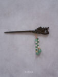 Carved Peacock Wooden Hairpin - Gold, Green