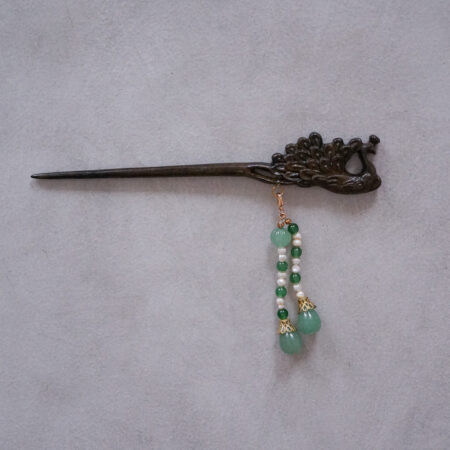 Carved Peacock Wooden Hairpin - Gold, Green