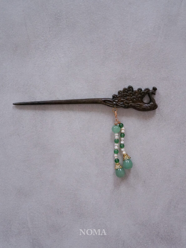 CHN-202000074-Carved-Peacock-Wooden-Hairpin-Gold-Green