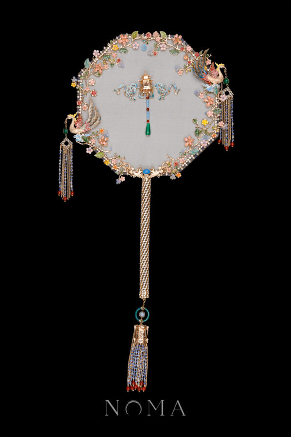CHN-202300071-Colorful-Double-Phoenix-Spring-Garden-Fan-Gold-Blue