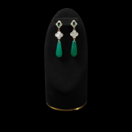 Oval T Clover Pear Bud Jade Earrings  - Gold, Emerald