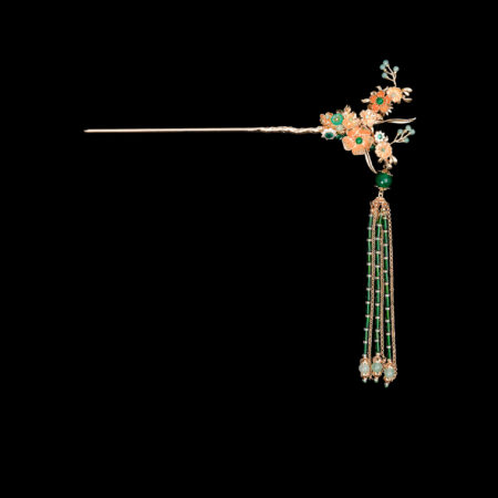 Oriental Flower Branching Hairpin - Gold, Green