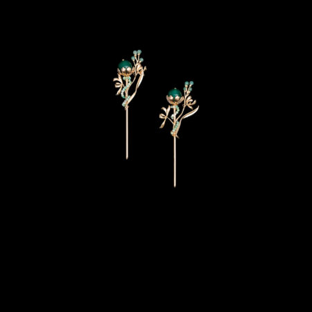 Oriental Flower Mini Hairpin Set - Gold, Green (2 pcs)