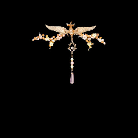 Winged Phoenix Branch Floral Hairvine/Brooch - Gold, Pink