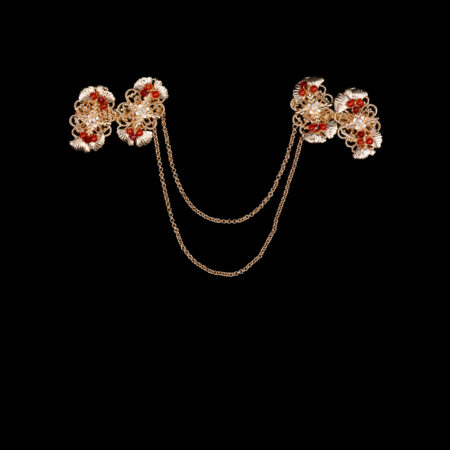 Decorated Gingko Chain Brooch - Gold, Red