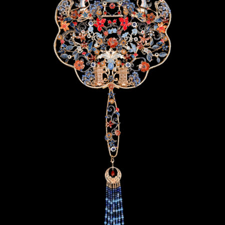 Colorful Crane Lotus Ornament Fan - Gold, Sapphire
