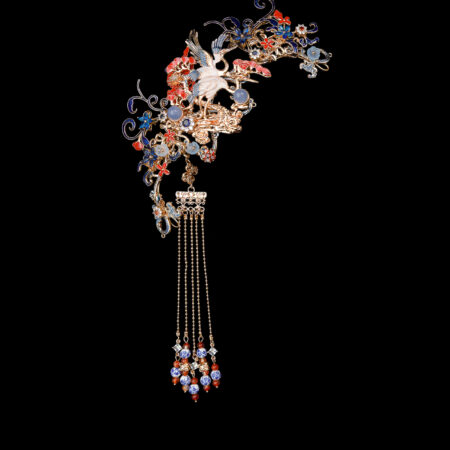 Colorful Crane Inspiration Side Hairvine - Gold, Sapphire (Left)