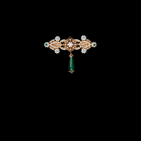 Decorated Arrow Pear Jade Brooch - Gold, Jade