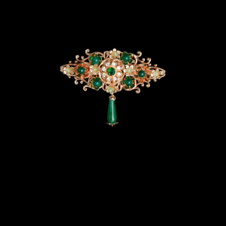 Decorated Floral Pear Jade Brooch - Gold, Jade