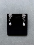 Paved Flower Pearl Earrings - Rhodium White Gold, White Pearl