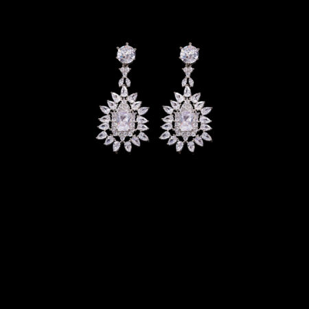 Vintage Marquise Cushion Drop Earrings - Rhodium White Gold, White Diamond