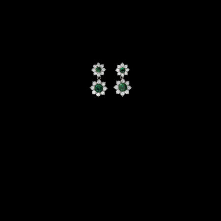 Round Paved Double Dot Earrings - Rhodium White Gold, Emerald
