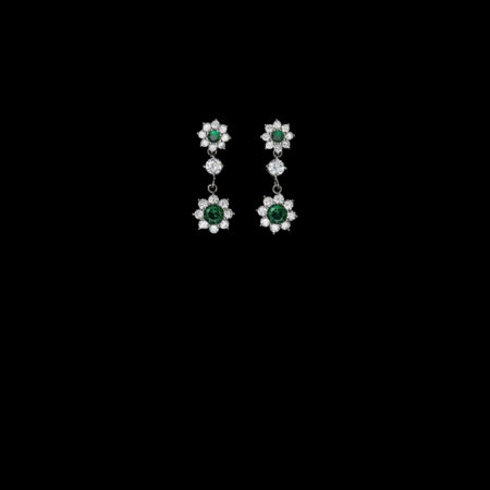 Round Paved Double Dot Round Earrings - Rhodium White Gold, Emerald