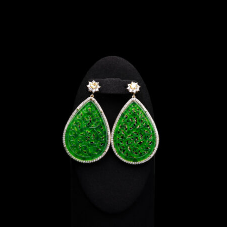 Superior Round Paved Carved Teardrop Jade Earrings - 18k Yellow Gold, Jade