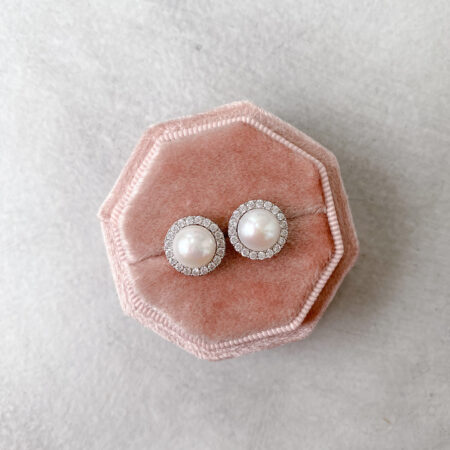 Pearl S Halo Detachable Earrings Set - Rhodium White Gold, White Pearl (4 pcs)