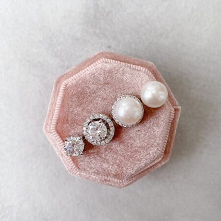 Pearl M & Round 1.5 ct Halo Detachable Earrings Special Set - Rhodium White Gold, White Pearl (6 pcs)
