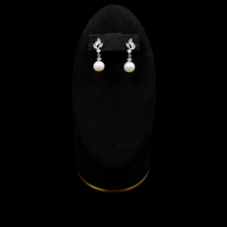 Gems Bits Arrangement Pearl Earrings - Rhodium White Gold, White Pearl