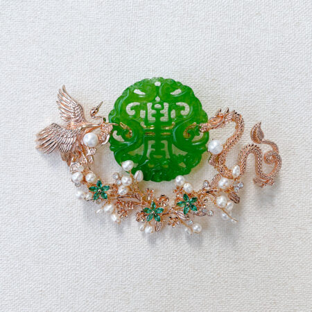 Crane Dragon Jade Brooch - Gold, Jade