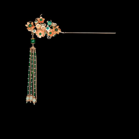 Oriental Flower Arrangement Hairpin - Gold, Green (Right)