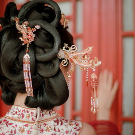 Colorful Phoenix Heart Branch Side Hairpin  - Gold, Pink (Right)