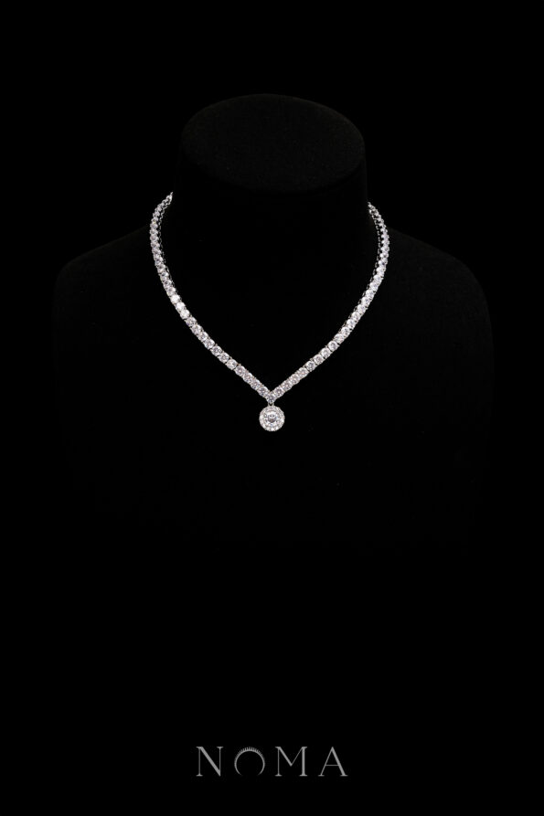 DJW-202400040-V-Round-025-ct-Around-Tennis-Choker-with-Classic-Round-Halo-Pendant-Rhodium-White-Gold-S