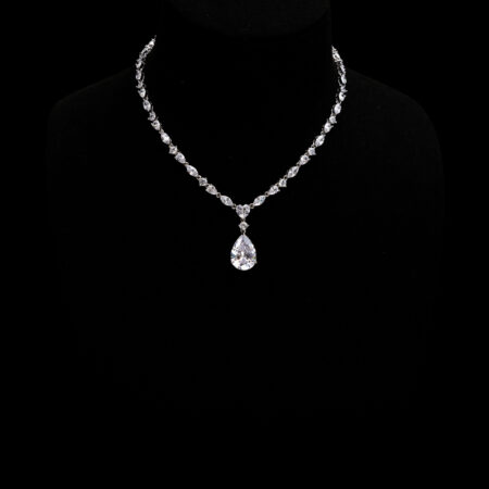 Pear Heart Raindrop Necklace - Rhodium White Gold, White Diamond