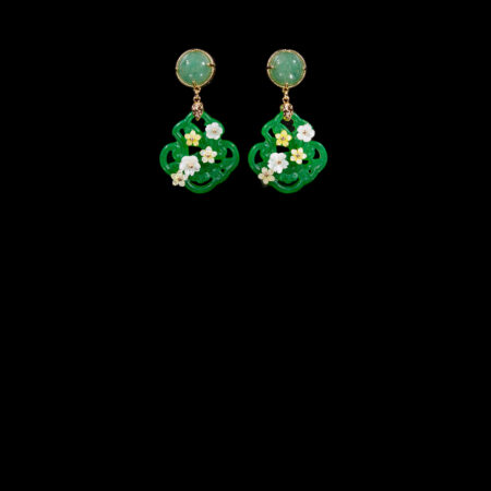 Carved Vase Jade Floral Decorated Earrings - 18k Yellow Gold, Jade