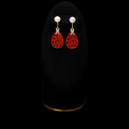 Carved Teardrop Small Jade with Pearl Earrings  - 18k Yellow Gold, Red Jade