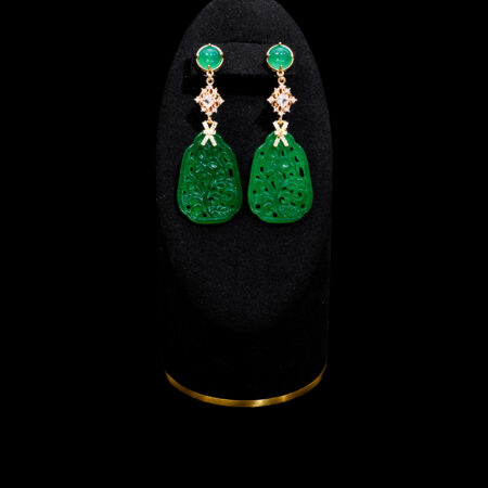 Carved Monument Jade Square Ornament Earrings - 18k Yellow Gold, Jade