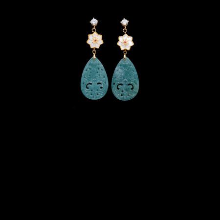 Floral Elegance Carved Teardrop Ornamental Jade Earrings - 18k Yellow Gold, Teal Jade