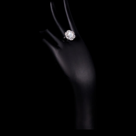 Oval Jade Pear Deco Ring - Rhodium White Gold, White Jade