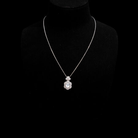Oval Jade Pear Deco Pendant - Rhodium White Gold, White Jade