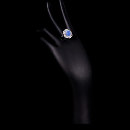 Oval Jade Pear Deco Ring - Rhodium White Gold, Blue Jade