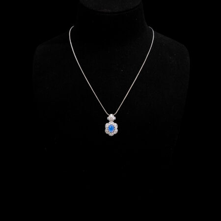 Oval Jade Pear Deco Pendant - Rhodium White Gold, Blue Jade