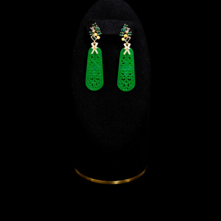 Art Deco Carved Rounded Trapezium Jade Earrings - 18k Yellow Gold, Jade