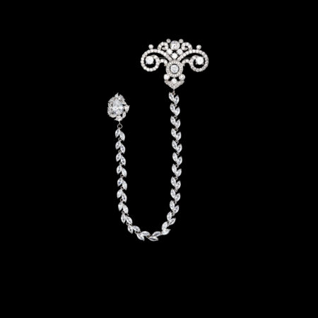 Ornamental Curved Pear Chain Pin - Rhodium White Gold