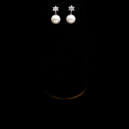 Floral Paved Drop Round Pearl 12 mm Earrings - Rhodium White Gold, White Pearl